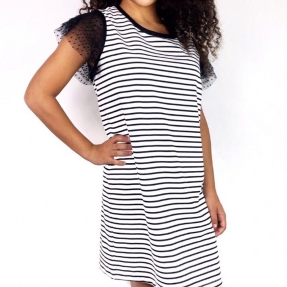 Adrienne Vittadini Black and White Striped Midi Dress with Sheer Dot Sleeves